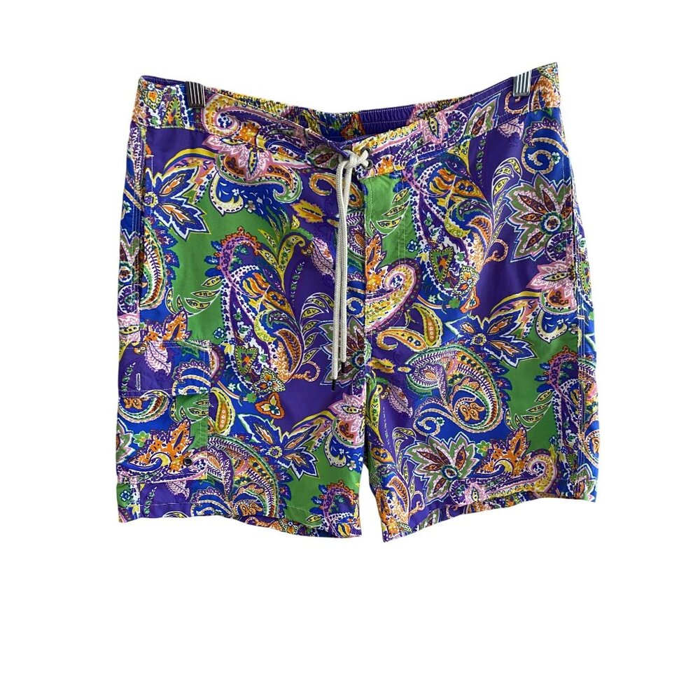 Polo Ralph Lauren Swim Trunks Mens M Paisley Purple Green Swim Shorts 7” Inseam